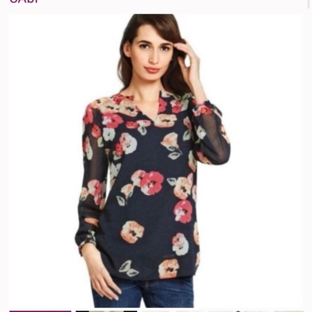 CAbi Navy Floral V-Neck Chiffon Blouse